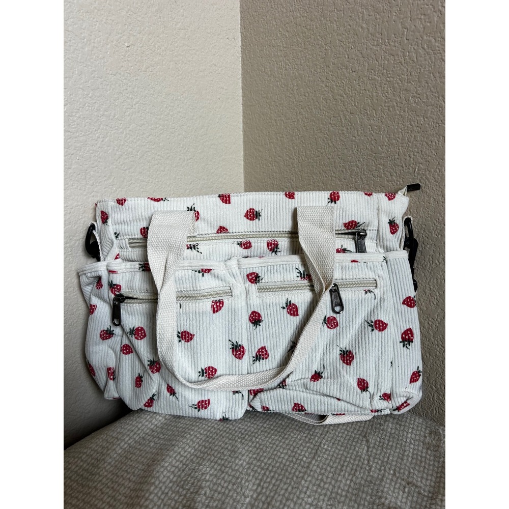 Strawberry Print Corduroy Messenger Bag White Multi-Pocket Shoulder Tote
